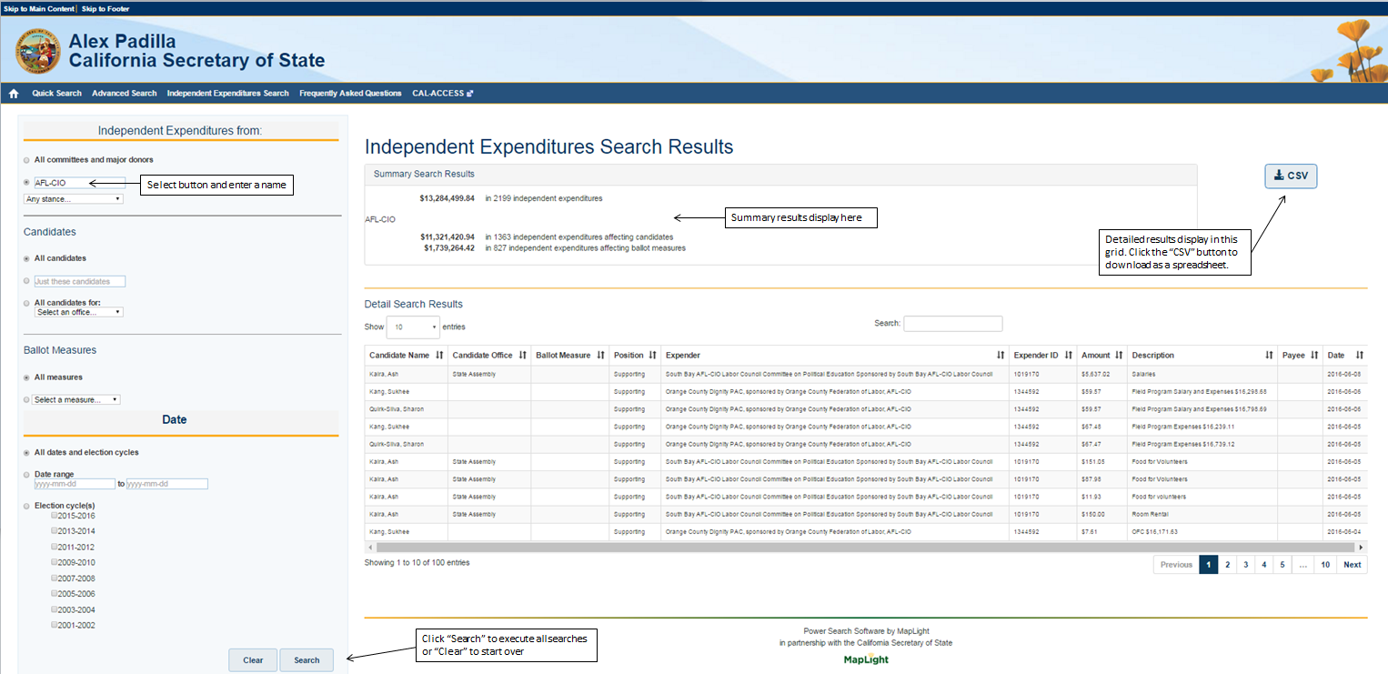 Screen shot of search results identifying sections of the search results page.
