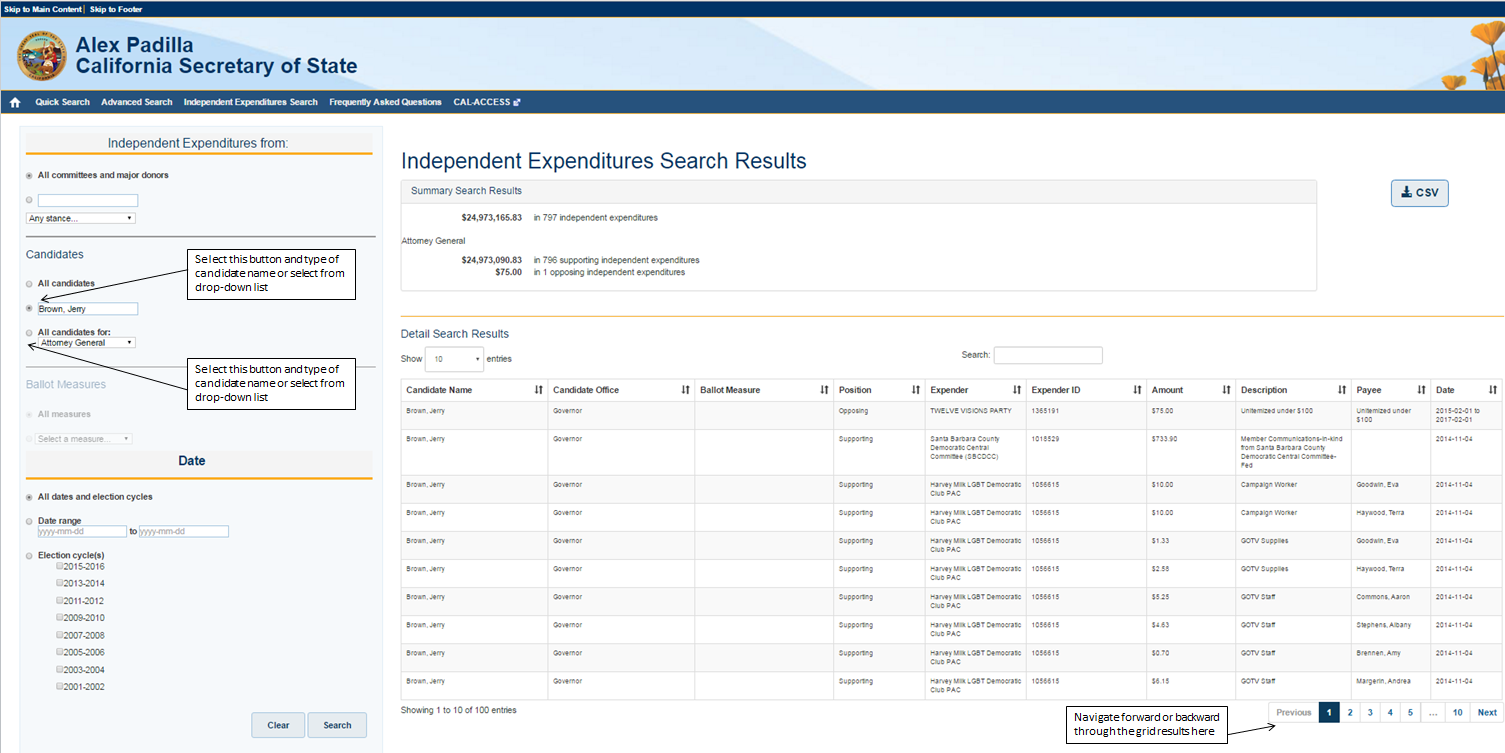 Screen shot of showing various options for searching and paging through the results.
